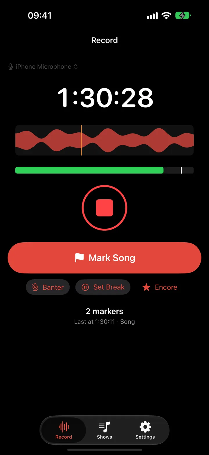 The Taper record screen in dark mode. A timer reads 1 hour 30 minutes, a waveform scrolls above a stop button, and a large Mark Song button sits below it with Banter, Set Break and Encore choices.